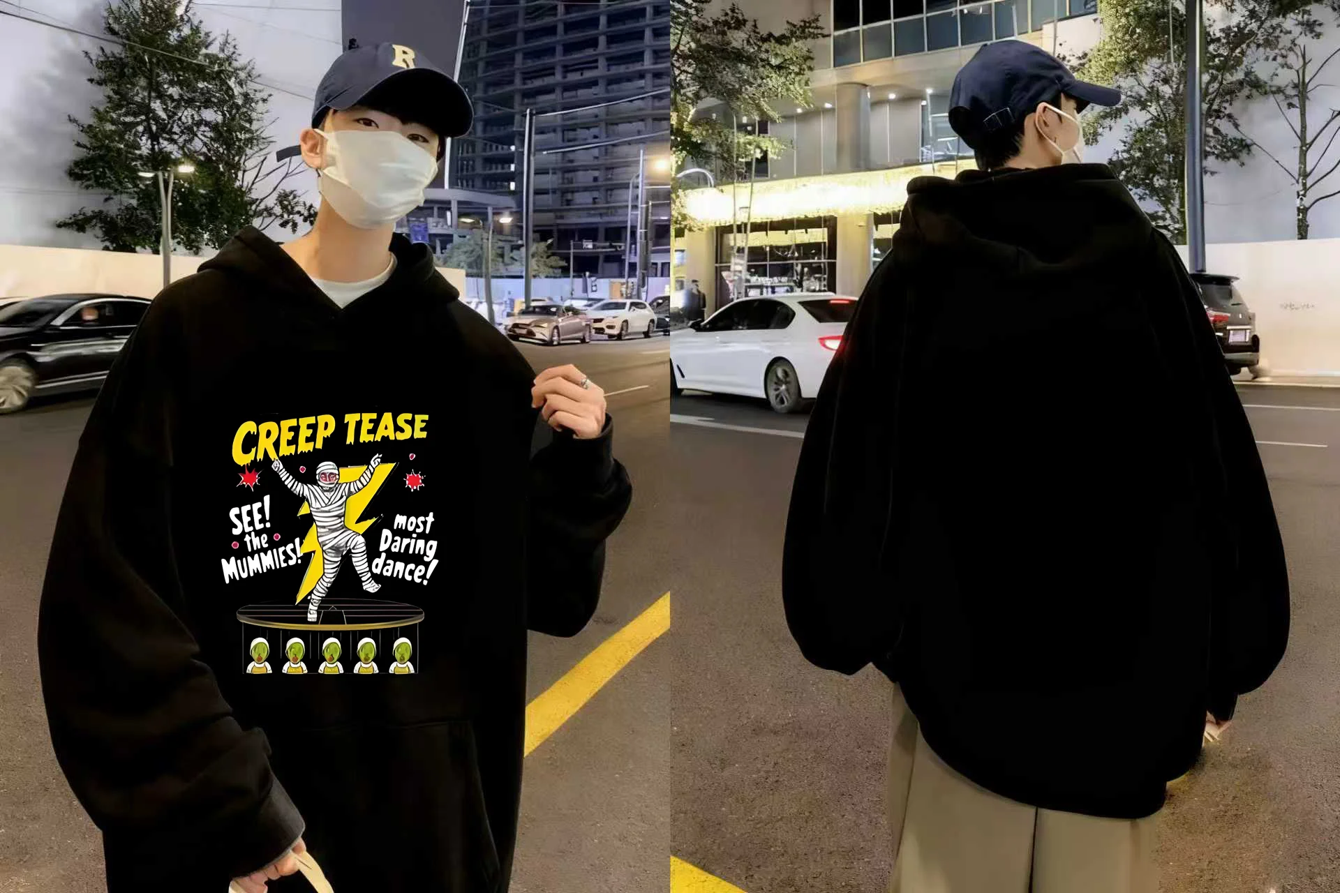 سترة بغطاء للرأس مطبوعة للرقص الجريء من Creep Tease Mummies 330 جرام سترة سوداء ثقيلة الوزن بتصميم كائن فضائي للجنسين ملابس الشارع الشهير #1