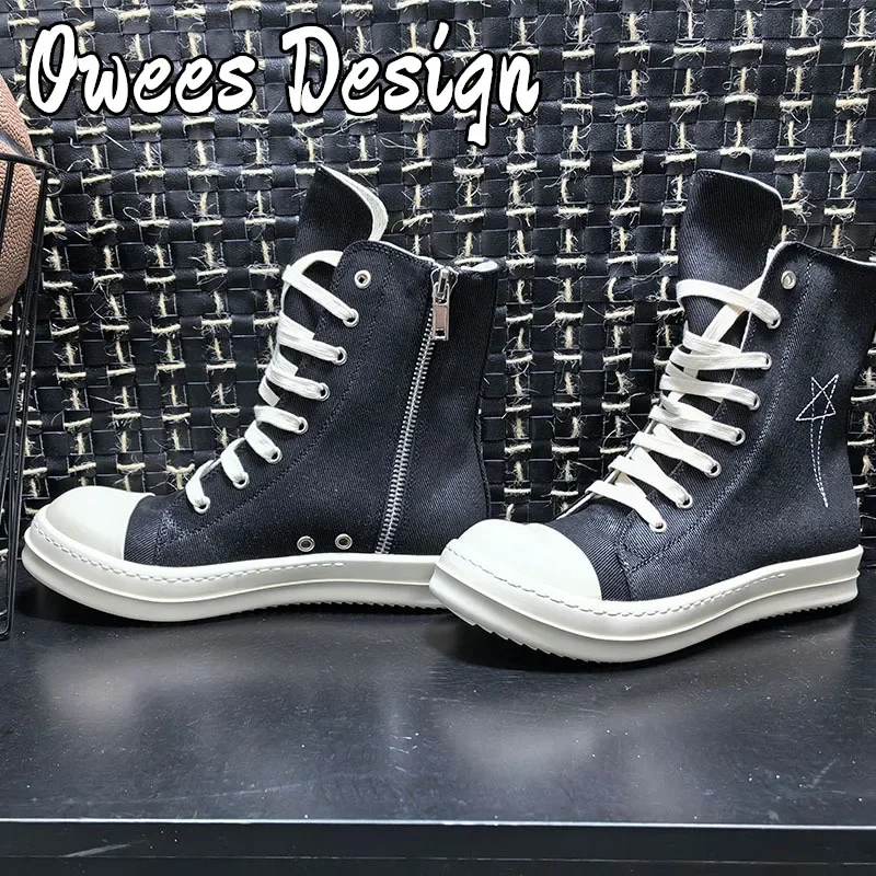 Owees Design Rick Black Thick Bottom Increase Dark Men Embroidery Canvas Shoes Casual Short Boots Female Board Shoes Designer