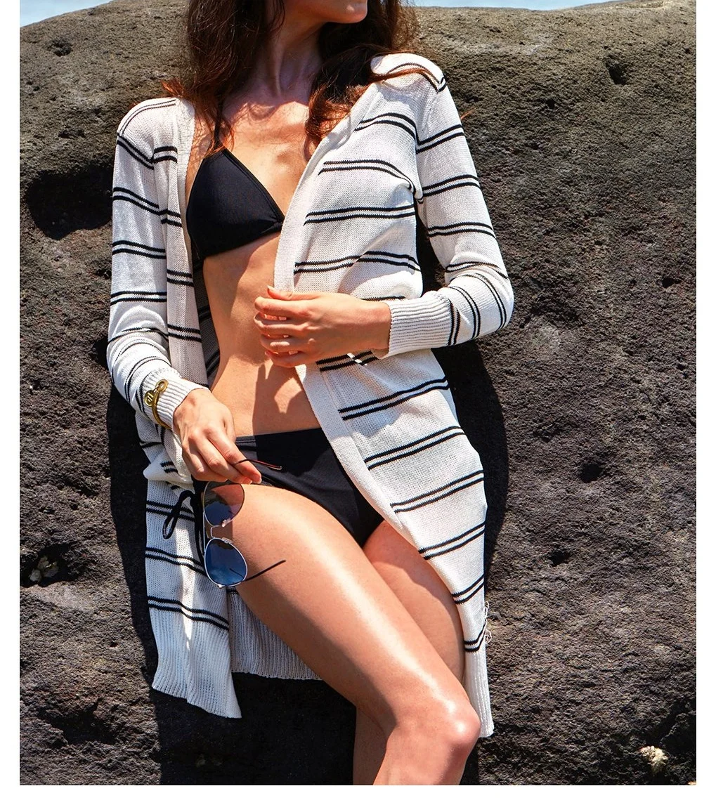 Cardigan Long rayé pour femmes, vêtements de plage, Cover-Up pour les maillots de bain en tricot léger, tenue côtière pour vacances d'été