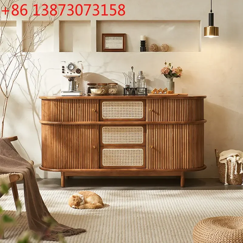 Nordic solid wood rattan Japanese retro roller shutter small apartment storage porch side cabinet