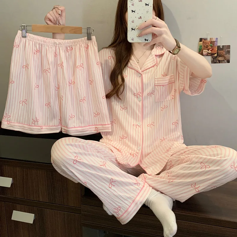 

Japanese Striped Bow Wrinkled Cloth Pajamas Women Summer Short-Sleeved Three-Piece Set of Niche Style Spring and Summer Homewear