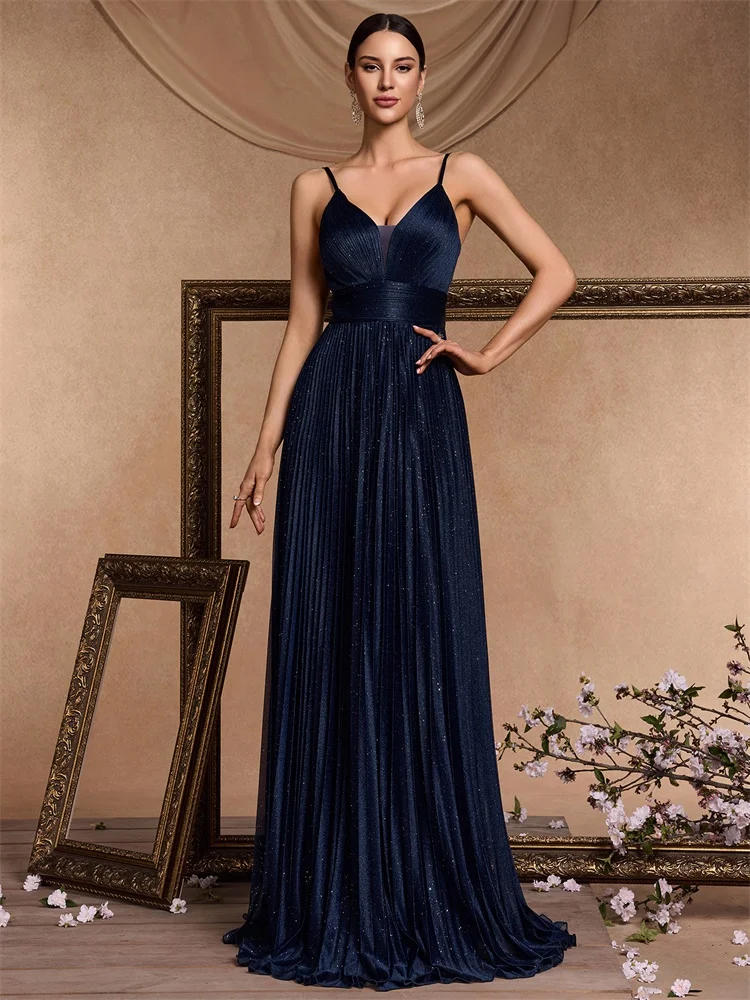 Xuibol 2024 elegantes Abendkleid sexy V-Ausschnitt A-Linie boden langes Kleid blau rücken frei Abschluss ball Party Frauen Maxi Cocktail Vestidos