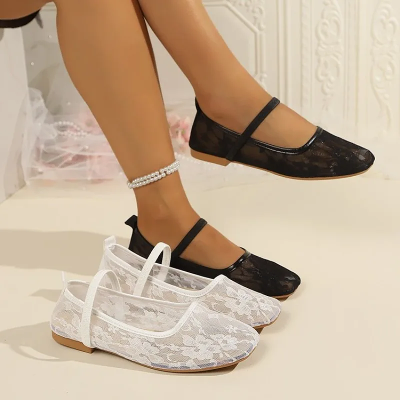 Women's Lace Mesh Mary Jane Flats, Square Toe Ankle Strap Soft Sole Breathable Slip on Shoes for Daily Work Wedding