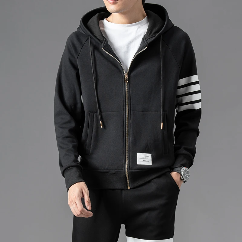 Cardigan hoodie men\'s 2024 spring and autumn new high-quality fleece couple four bar hooded sports jacket