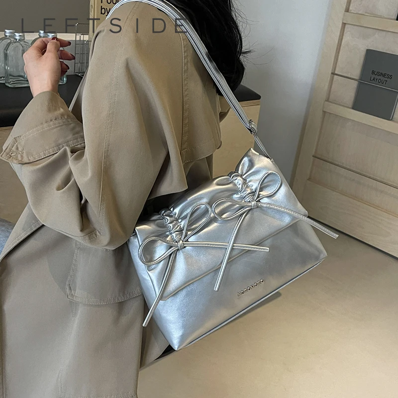 LEFTSIDE Bow Tie Design Pu Leather Shoulder Bags for Women 2024 Spring Fashion Handbags and Purses Lady Silver Crossbody Bag