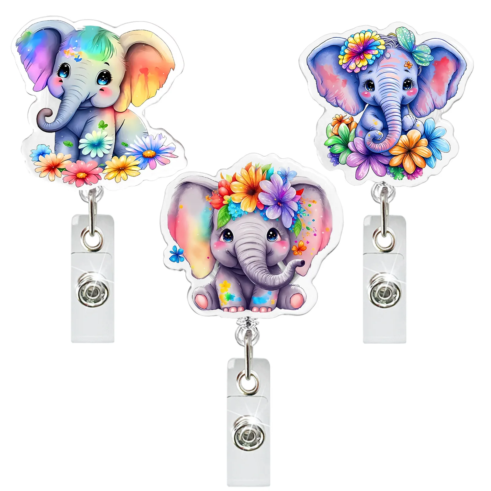 2024 New Design 1 piece Glitter Acrylic Retractable Nurse Badge Reel Cute Elephant Student ID Card Holder Keys Lanyard