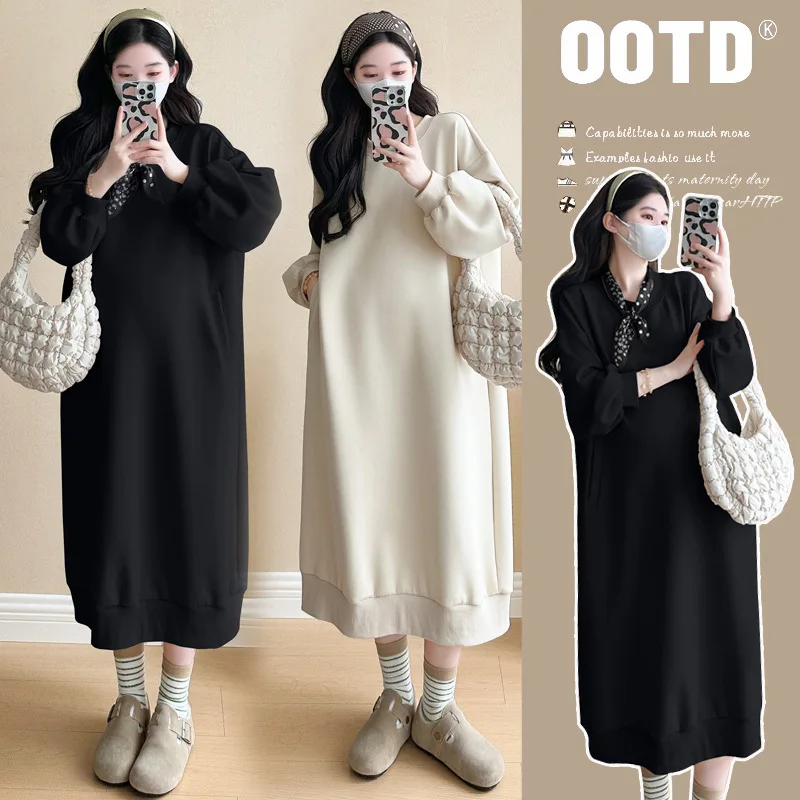 

Fashionable Korean-style Maternity Outfit For Stylish Moms Autumn Thickened Loose Knee Length Sweatshirt Dress Scarf Set