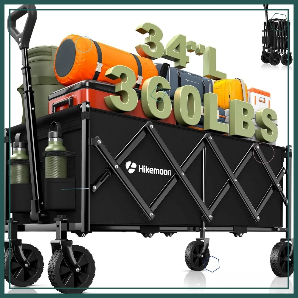 Carrinho de vagão dobrável extra longo de 34 '', carrinho utilitário portátil resistente de 360 libras para praia, camping, compras
