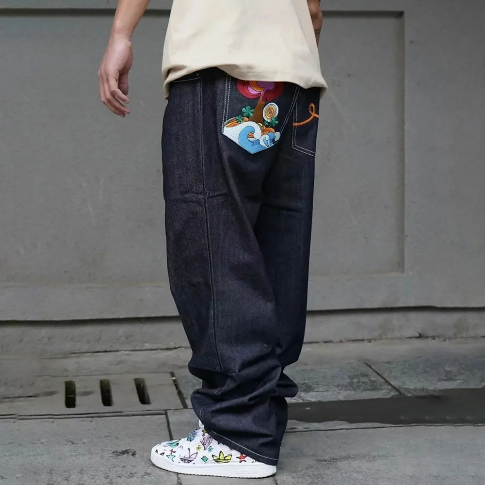 Mens Jeans Embroidery Cartoon Colorful American Retro Classic Denim Trousers Street Hip Hop Baggy Jeans Autumn Mens Clothing