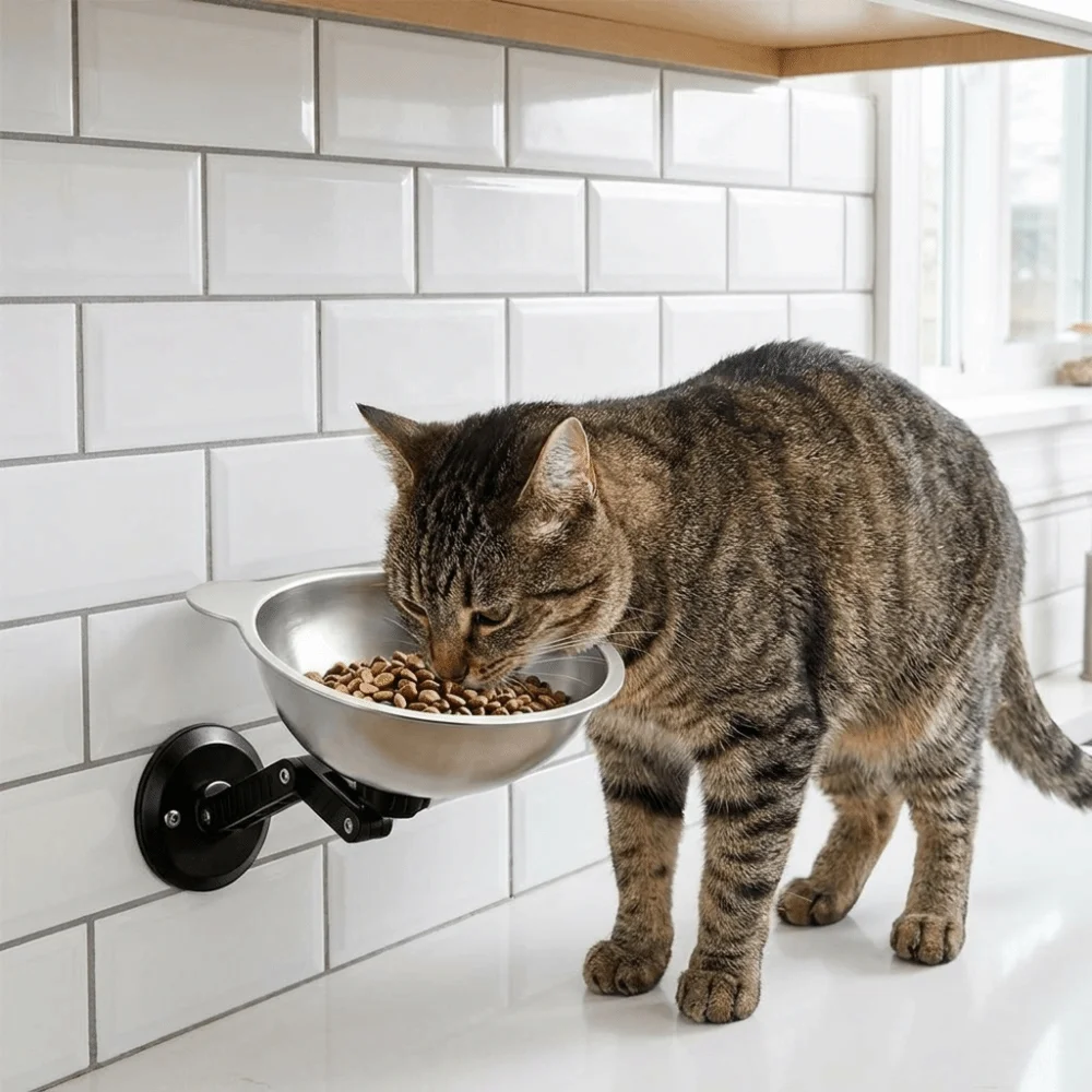 Stainless Steel Magnetic Cat Bowl Space Saving Height Adjustable Wall Mounted Dog Bowl No-Drill Leak-Proof Cat Food Bowl