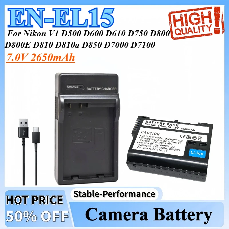 

EN-EL15 ENEL15 EN EL15 A Battery Charger For Nikon V1 D500 D600 D610 D750 D800 D800E D810 D810a D850 D7000 D7100 D7200 D7500