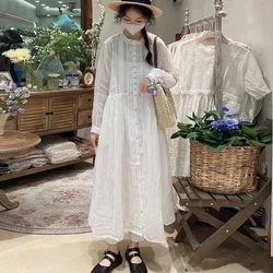 Johnature Japanese Mori Women Hollow Lace Ramie Loose Dress Women 2024 Summer New Thin Loose Casual Vintage Female Dresses