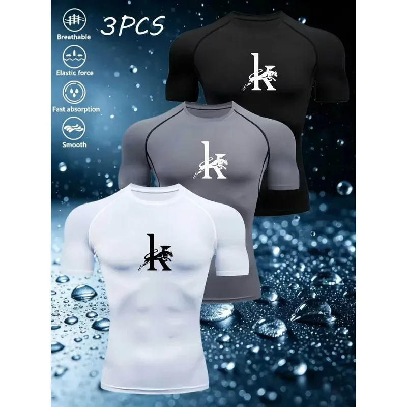 2026 European American New Men's Short-Sleeve Compression T-Shirt 3-Piece Set Slim-Fit Sports Tee with Quick-Dry Breathable