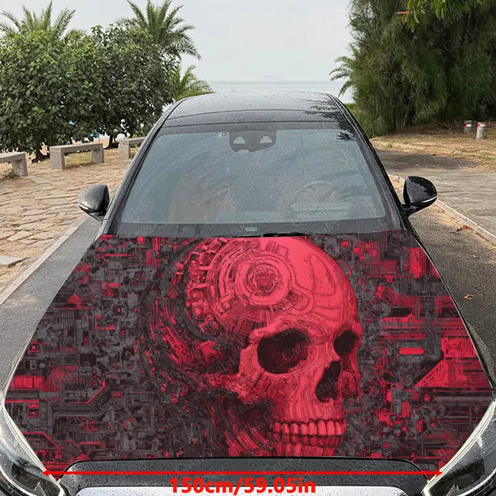 Car Decal Red Cyber Skull with Digital Textural Artistic Fusion Design, Creating a Mysterious and Tech-Noir Visual Car Hood Stic