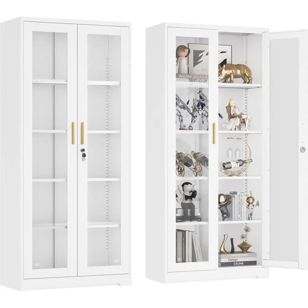 

White Glass Door Lockable Display Cabinet with 4 Adjustable Shelves for Living Room or Pantry Use