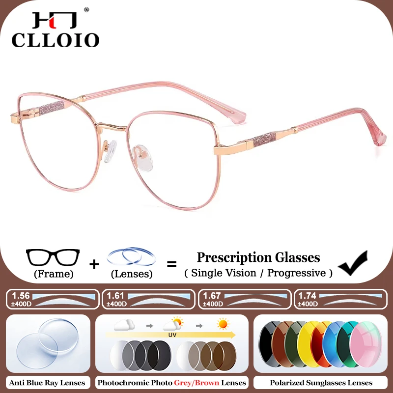 

CLLOIO Fashion Anti Blue Light Progressive Prescription Glasses Luxury Women Cat Eye Myopia Photochromic Protection Eyeglasses