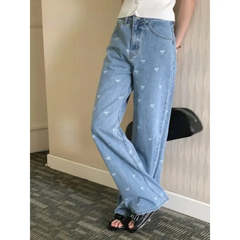 Korean Sle Jeans Women 2024 New Elegant Temperament Bow Western Sle Age-Reducing Loose Design Straight Trousers