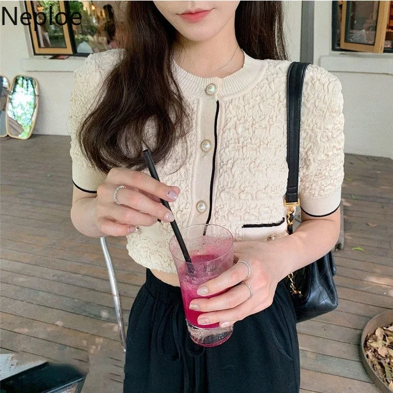 Neploe Elegant Cardigans Women Blouses Fashion O Neck Short Sleeve Knitted Shirts 2023 Summer Blusas Korean Ladies Crop Tops