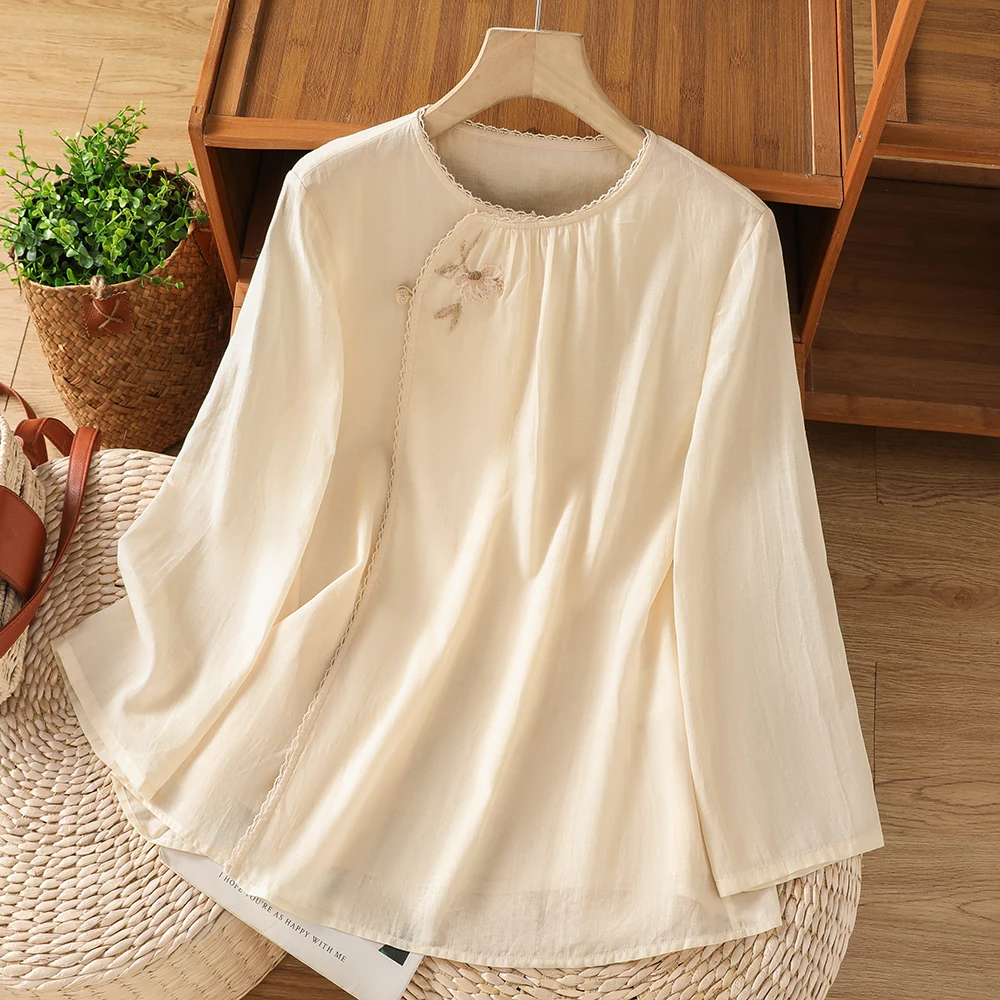

Soft Comfortable Mid-Sleeve Embroidered Oversized T-Shirt Bohemian Zen Style Cotton Linen Blend Summer Women's Top