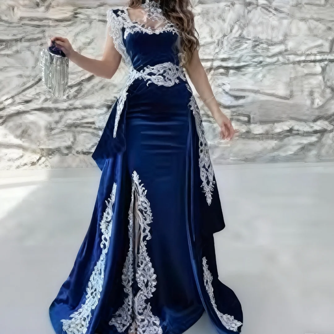 

Женское кружевное вечернее платье с короткими рукавами по индивидуальному заказу, королевское синее вечернее платье русалки, вечерние платья для дня рождения, выпускного вечера для женщин