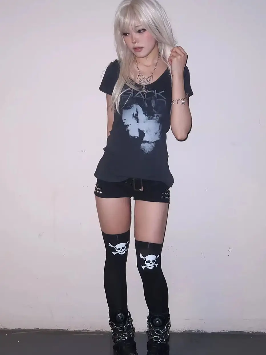 Grunge Aesthetics Y2K Women T-shirt 2000s Vintage Harajuku Letter Print Short Sleeve Slim Fit Streetwear Casual Tops