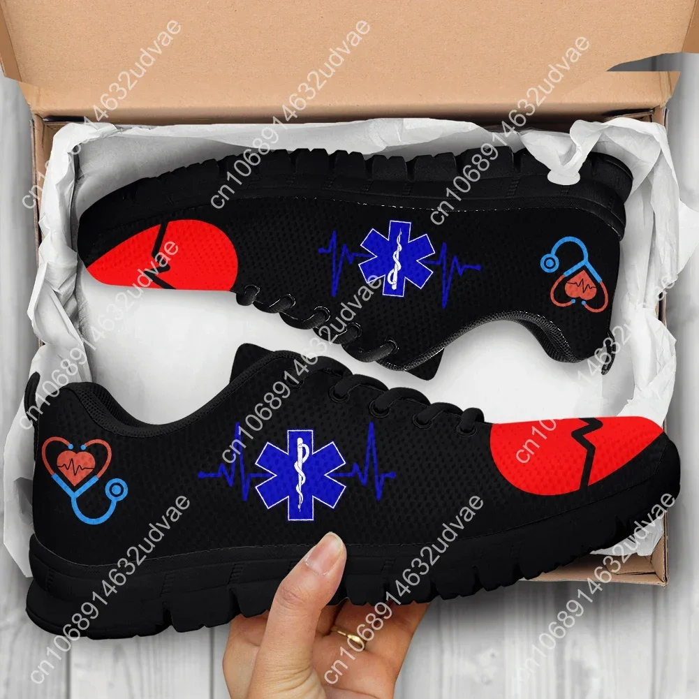 Brand Designer Medical ECG Flat Shoes For Hospital Worker Heart Beat Blue EMT Print Lace Up Sneaker Mujer Zapatos