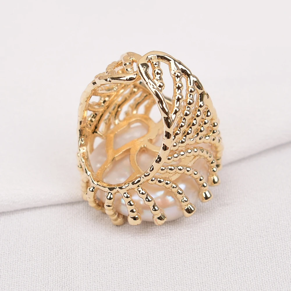 خاتم نسائي مطلي بالذهب ، مزيج الألوان ، مرصع بالزركونيا المكعّب ، عملة كيشي بيضاء طبيعية ، خواتم اللؤلؤ ، هدايا مجوهرات العيد