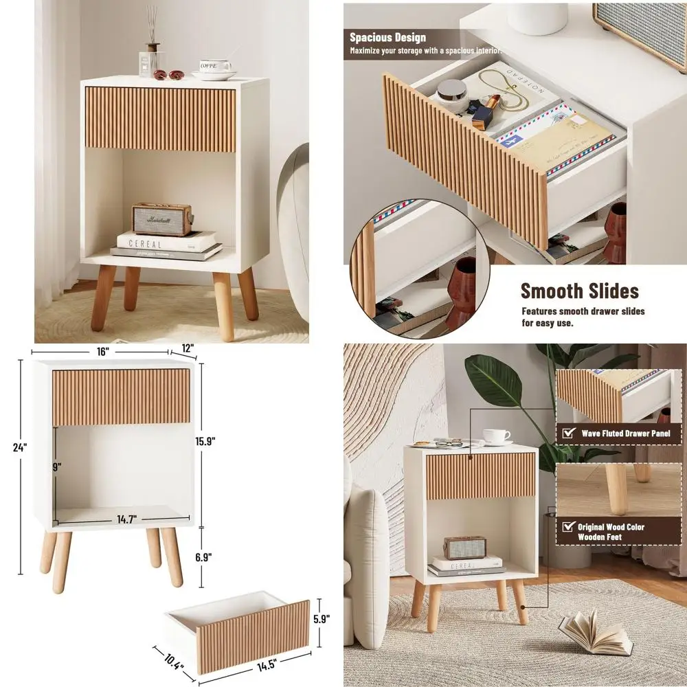 

Contemporary Wooden Nightstand with Drawers and Shelf, Bedroom Side Table for Living Spaces