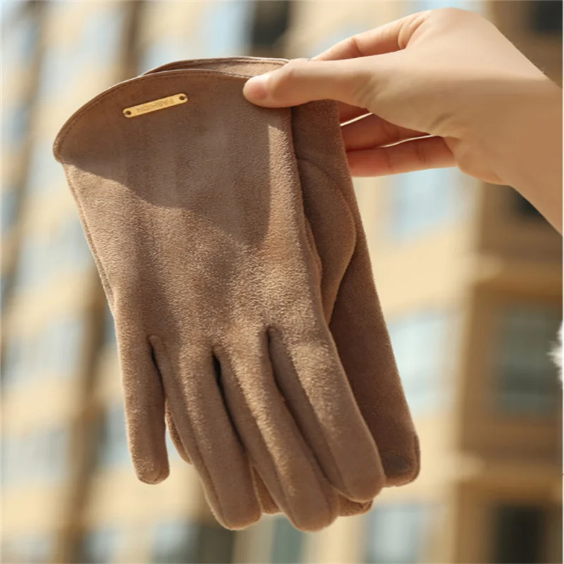 Guantes cálidos de cuero de gamuza para mujer, manoplas de conducción con pantalla táctil, terciopelo grueso, sin dedos, para ciclismo, Invierno