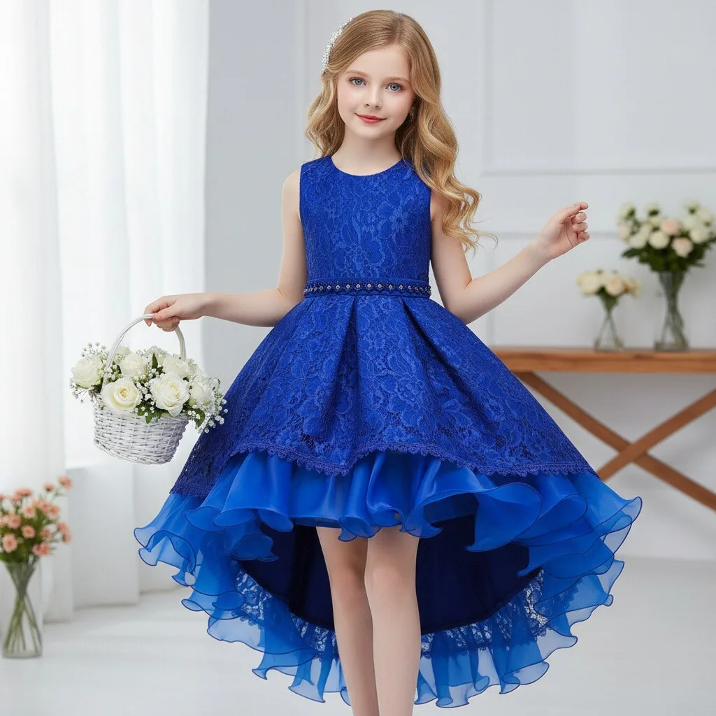 

Lace Princess Dress for Kids with Train Formal Gown for Girls Aged 6-14 Birthday Party Dress Daily Wear Dress for Children
