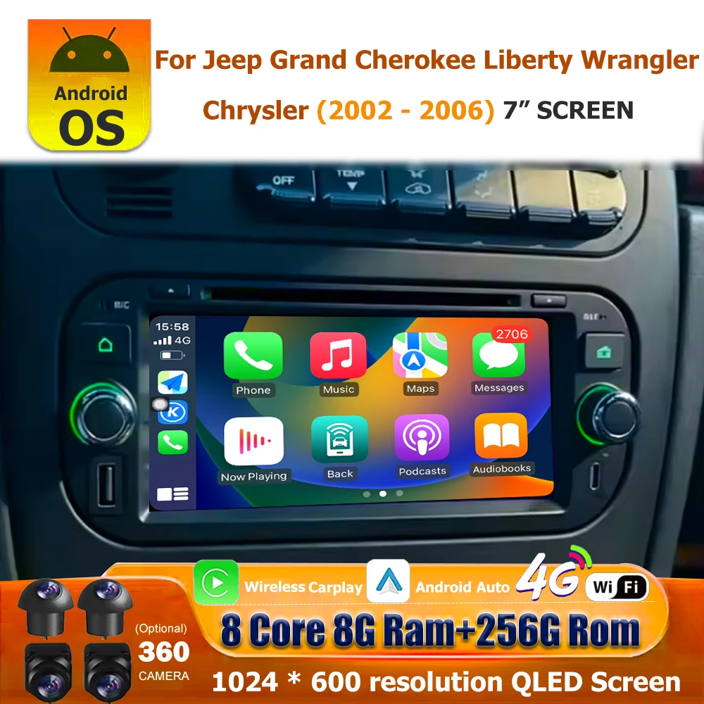 Car Radio Multimedia Player GPS Navigation For Jeep Grand Cherokee Liberty Wrangler Chrysler 2002-2006 Android 16 Auto CarPlay