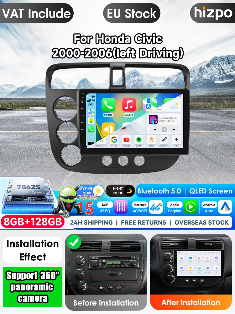 Lewostronna kierownica do Hondy Civic 7 2000-2006, bezprzewodowy CarPlay, Android 15, radio samochodowe, odtwarzacz multimedialny, GPS, nawigacja, DSP, Bluetooth, 2Din, stereo, radio samochodowe, — 2