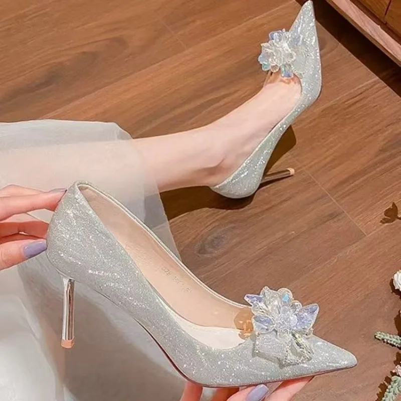 Autumn Rhinestone Stiletto Sneakers Fashion Pointed Toe Slip-on Anti-Slip Wear-Resistant High Heels