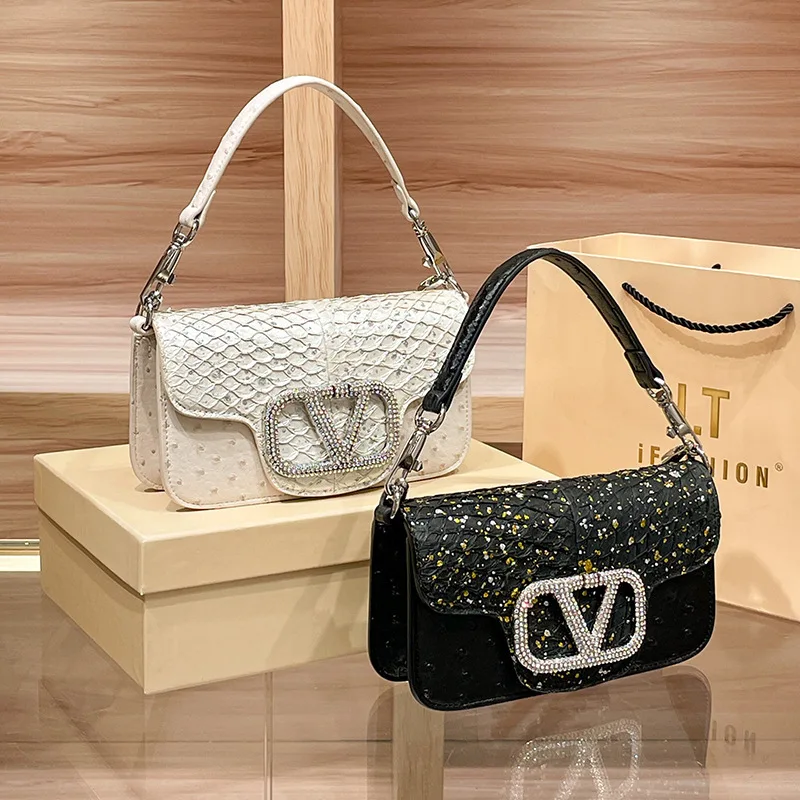

2026 Ostrich-Embossed Leather Square Bag, Crystal-Embellished Top Handle Bag for Women, Minimalist Chic Crossbody Purse