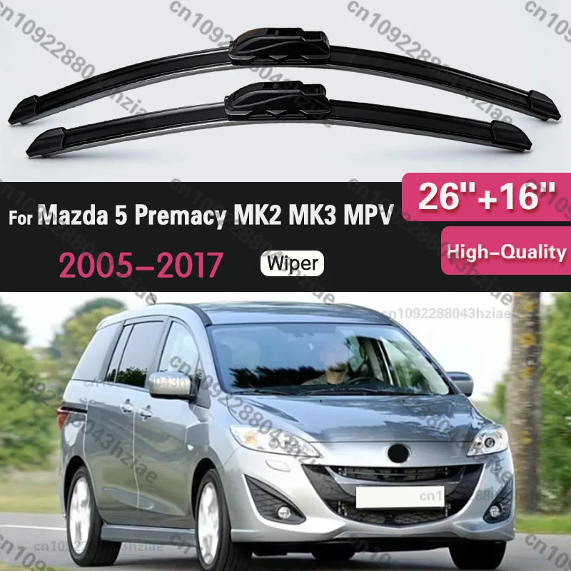 For Mazda 5 Premacy MK2 MK3 MPV 2005-2017 26''+16'' Car Wiper Blade Front Wipers Fit U Hook Arm Windscreen Auto Wiper Blades