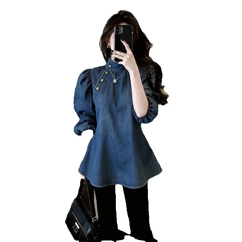 

Джинсовая рубашка с воротником-стойкой: модный дизайн, женская коллекция Весна-Лето 2026, джинсовый топ-куртка, женская модная ковбойская футболка