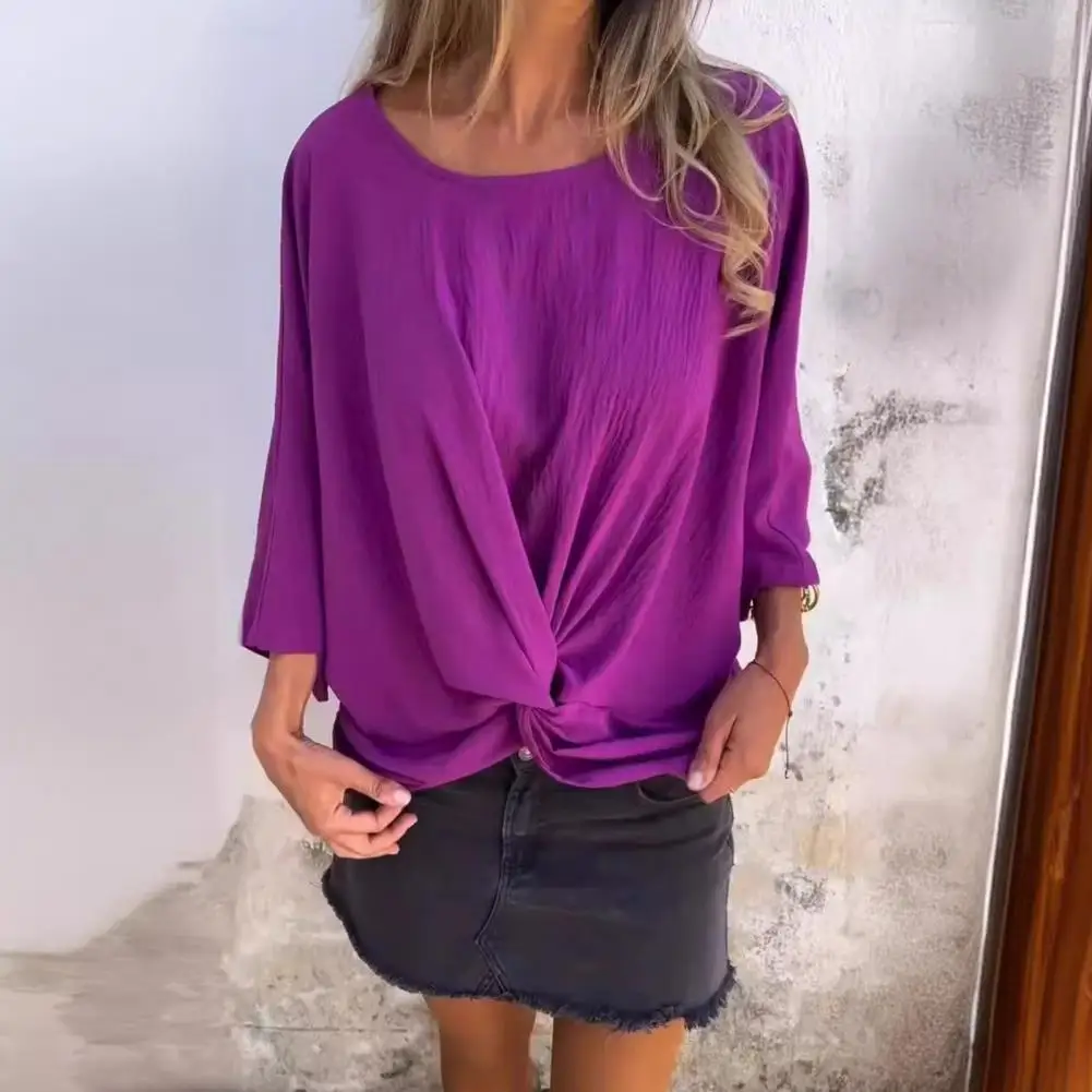 Comfortable Twist Hem Top Solid Color Top Stylish Twist Hem Summer T-shirts for Women Loose Fit Solid Color Tees with for Wear