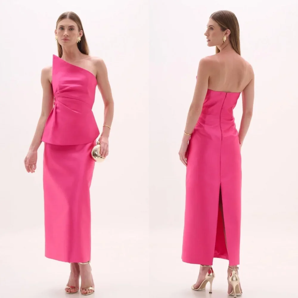 

Customized Satin Pleat Evening A-line Strapless Bespoke Occasion Gown Midi Dresses