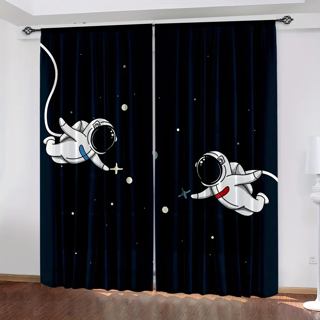 2panels Astronaut Space Universe Starry Sky Interstellar Galaxy Colorful Curtain Rod Pocket Curtain For Living Room Office Home