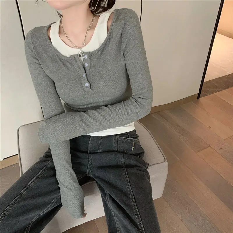 Damskie t-shirty, sztuczne, dwuczęściowe, stylowe, w stylu Retro, seksowne, dla kobiet, w stylu Harajuku, na co dzień, na wiosnę i jesień, Ulzzang,
