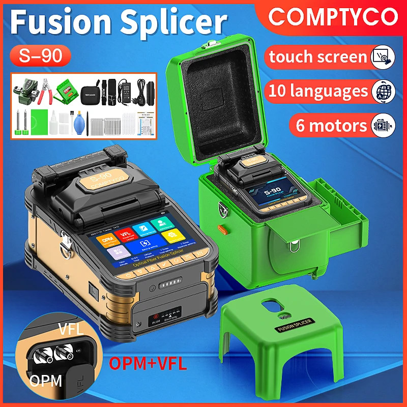 COMPTYCO S-90 Optical Fiber Fusion Splicer Touch Screen 6 Motors Fully Automatic Fiber Optic Fusion Machine Built-in OPM and VFL