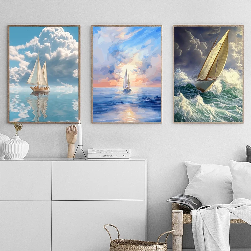 Retro Minimal Seascape Oil Painting Sea Wave And Sailboat Poster Canvas Prints Wall Paintings Living Room Bedroom Home Decor