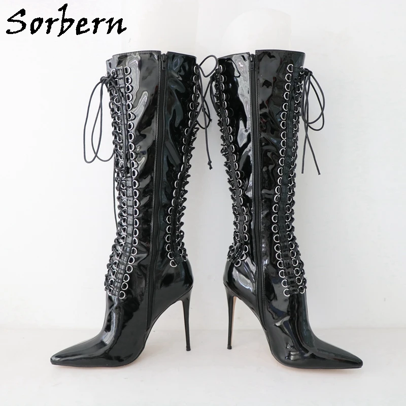 Sorbern Customized Glossy Black Boots Women Knee High Multi Lace Up Bandge Boots High Heel Stilettos Pointed Toe Shoes