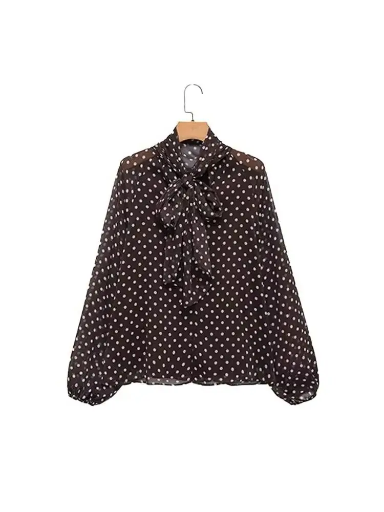 

HH Women's Fashion Bow Neckline Long Sleeves Polka Dot Pattern Thin Light Chic Shirt Female Elegant Commuting Leisure Shirt