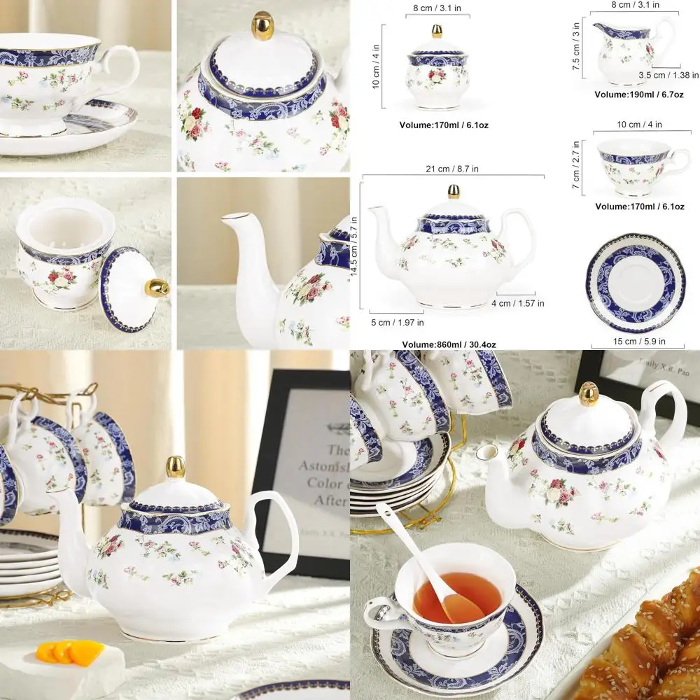 

Elegant Blue Lace & Roses 21-Piece Bone China Tea Set for Adults, Including Sugar Bowl, Creamer, and 6 Floral Teacups for Women'