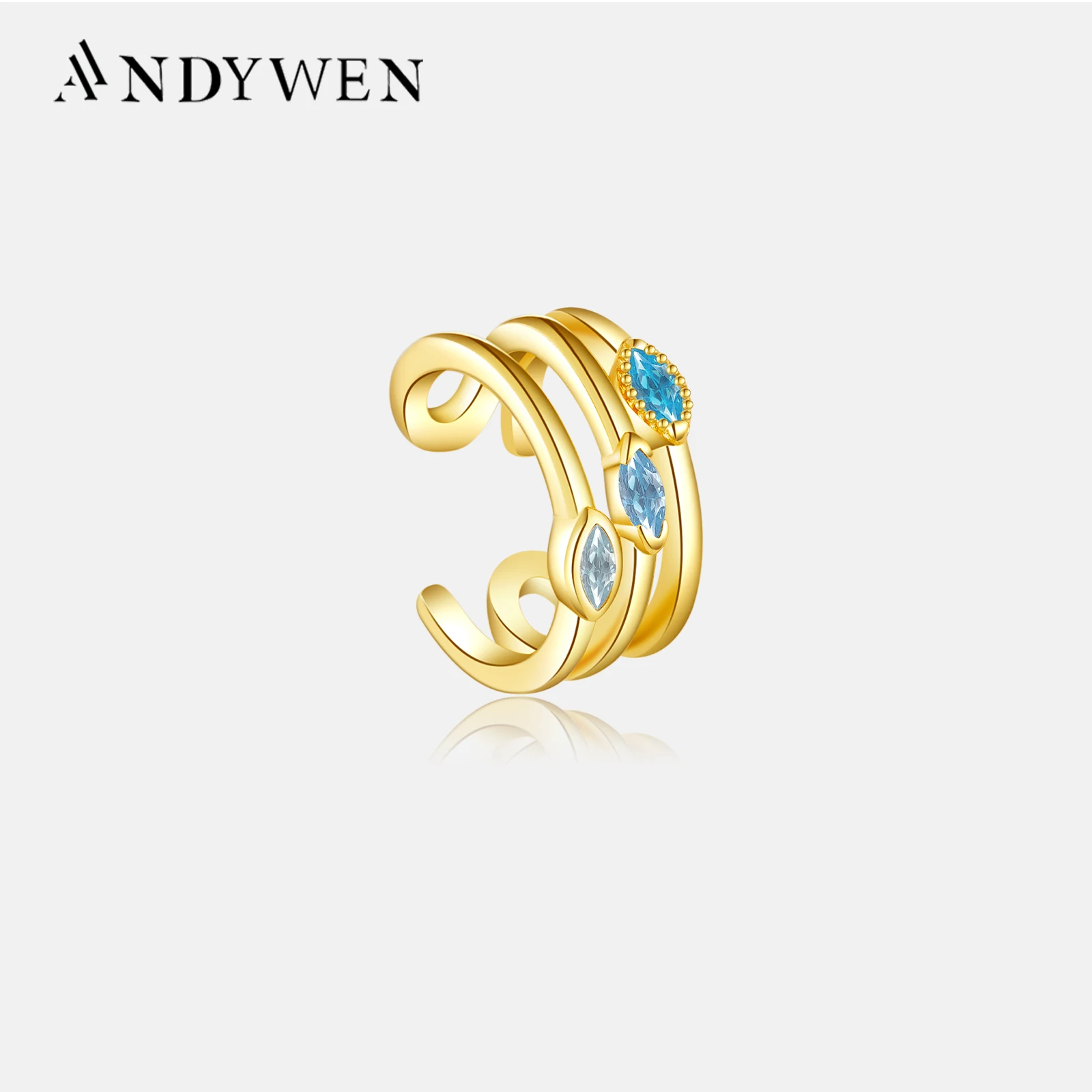 ANDYWEN argento Sterling 925 blu tre ovali orecchino polsino orecchino Piercing senza clip gioielli di lusso regalo per la moda femminile