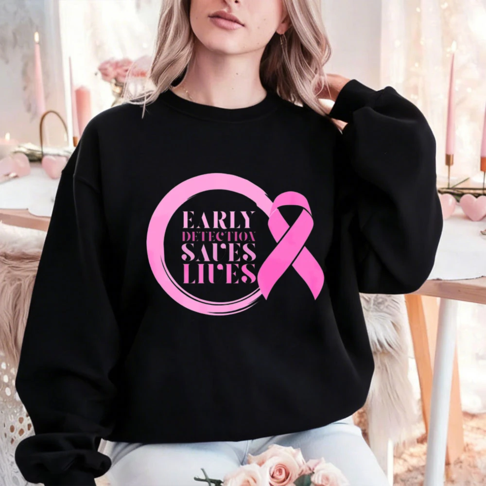 Early Detection Saves Lives Pink Ribbon Graphic Pullover Breast Cancer Awareness Long Sleeve Casual Autumn Loose Sweat Tops