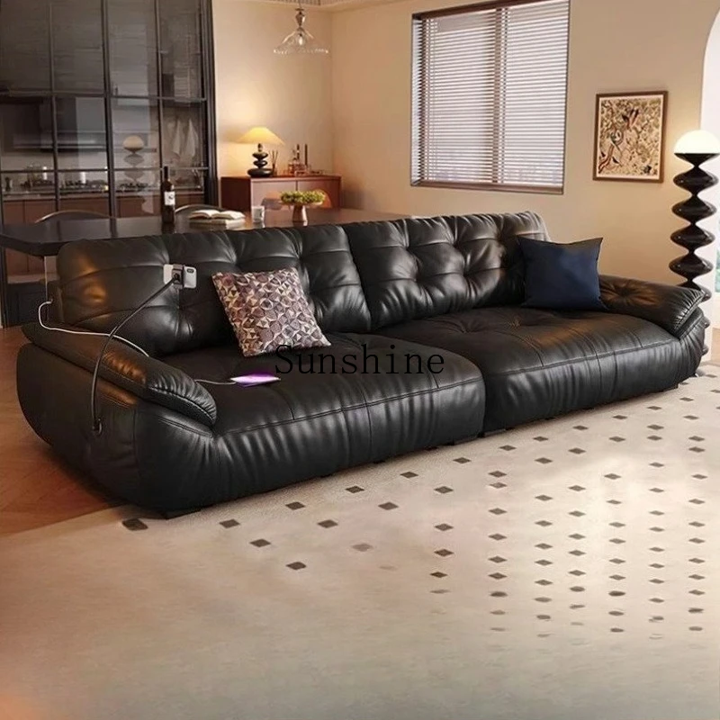 

Italian light luxury cloud leather sofa living room small apartment straight row multi-functional black sofa