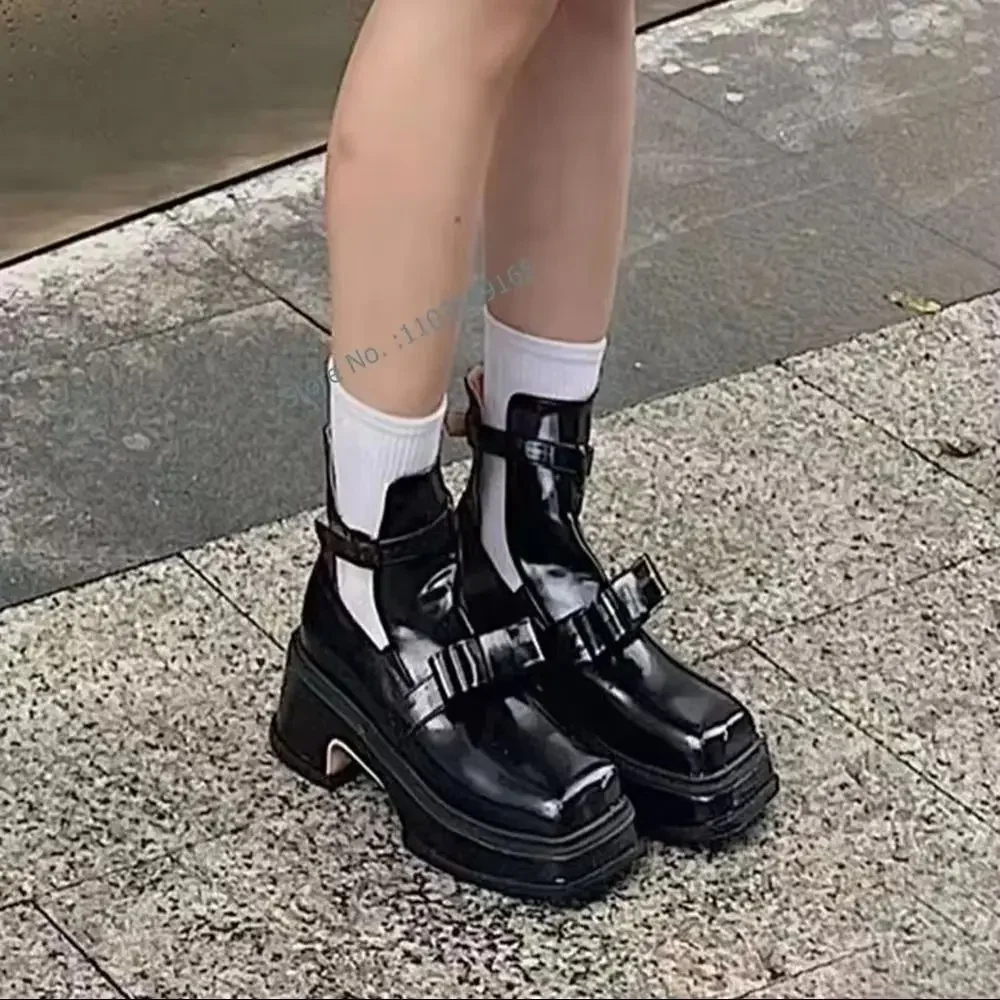 

Butterfly Knot Hollow Out Pumps Square Toe Chunky Heel Platform Buckle Strap Shoes Spring Newest Solid Leather Vocation Shoes