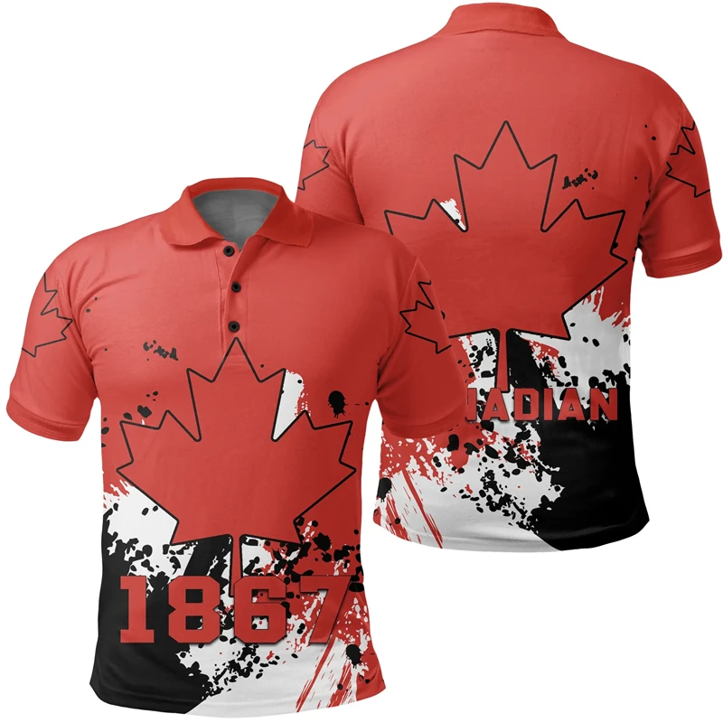 T-shirt Men Clothing Polo Shirts Street Canada Flag Print Casual Short Sleeve Tops Shirt Newest Lapel Zipper Tees Clothing 2024